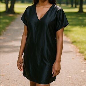 Vintage 80s Beth Michaels Black Satin Small S Mini Dress Union Made Goth